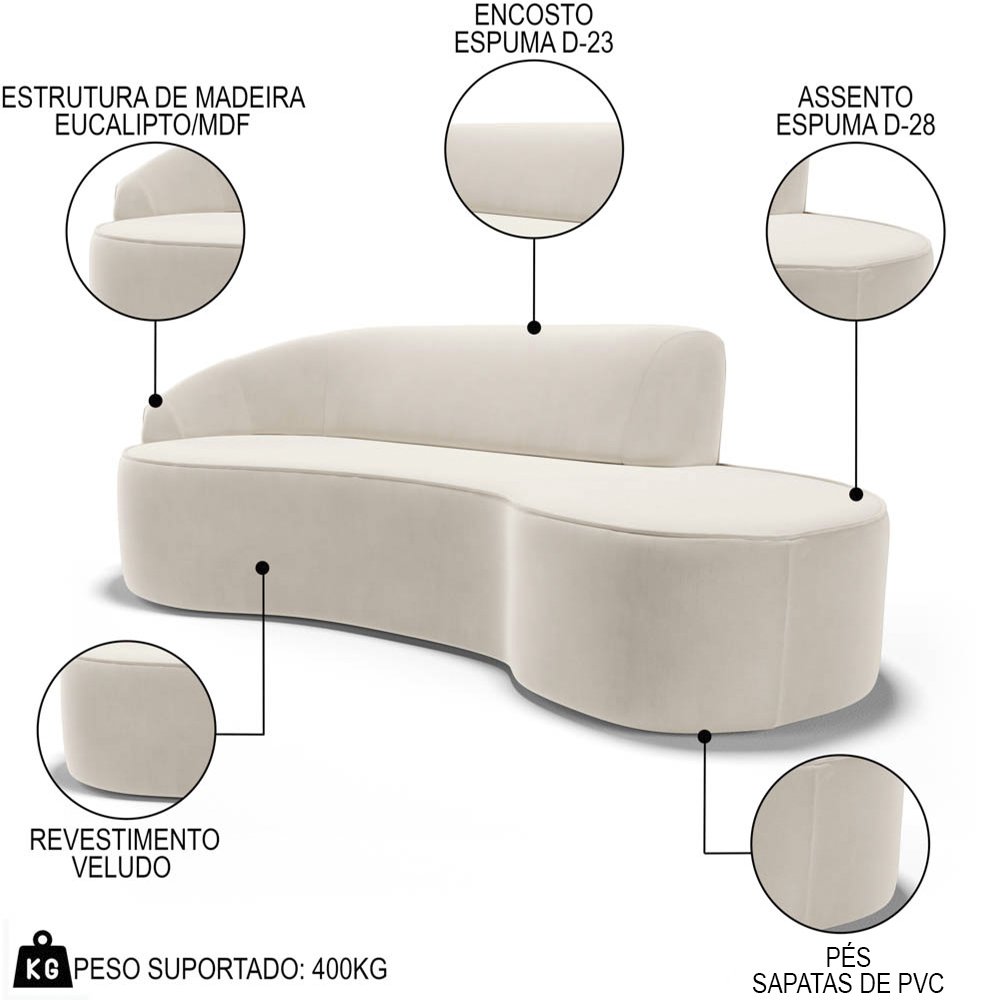 Sofá Living  4 Lugares 280cm Braço Esquerdo Mozart D06 Veludo Bege - Mpozenato