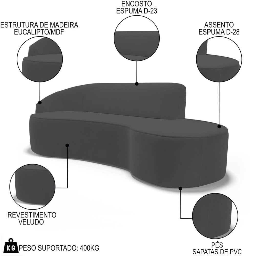 Sofá Living  4 Lugares 280cm Braço Esquerdo Mozart D06 Veludo Cinza - Mpozenato