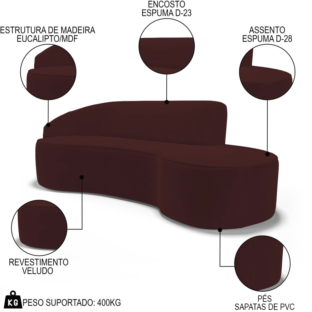 Sofá Living  4 Lugares 280cm Braço Esquerdo Mozart D06 Veludo Vermelho - Mpozenato