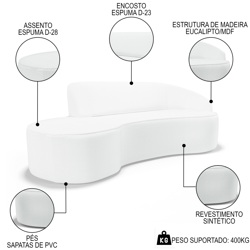 Sofá Living  4 Lugares 300cm Braço Direito Mozart D06 Sintético Branco - Mpozenato