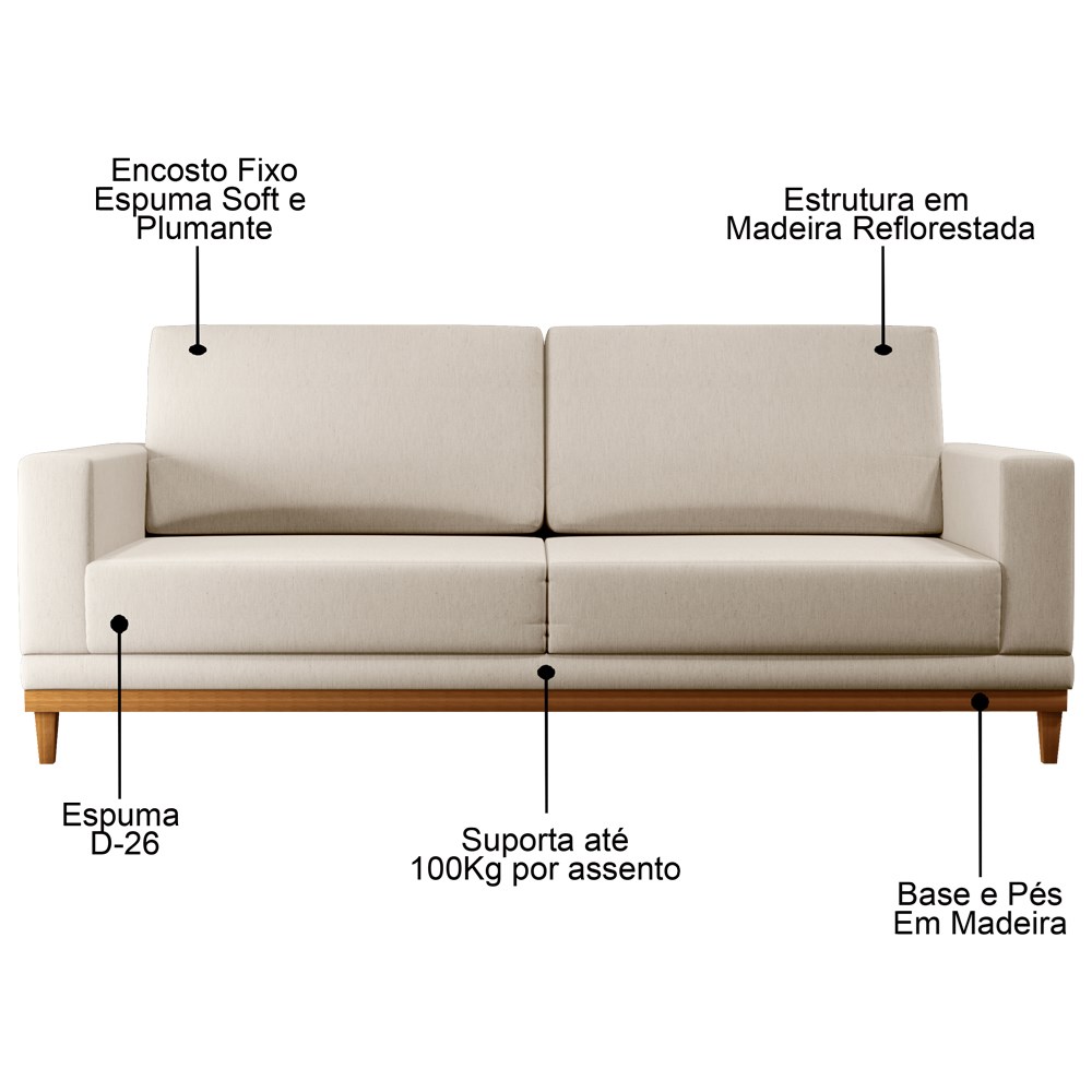 Sofá Living 180cm 3 Lugares Kayrós D05 Linho Bege - Mpozenato