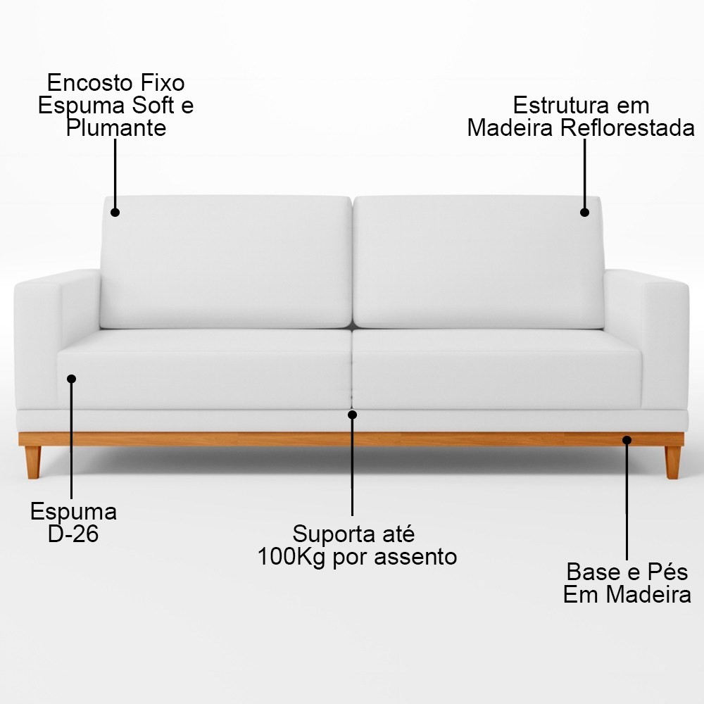 Sofá Living 180cm 3 Lugares Kayrós D05 Sintético Branco - Mpozenato