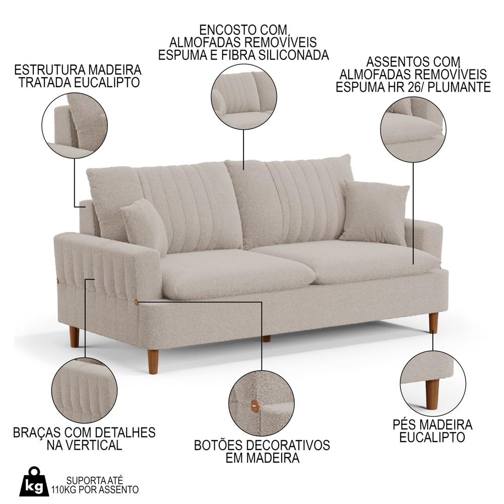 Sofá Living 2 Lugares 160cm com Almofadas Veras D05 Boucle Bege - Mpozenato