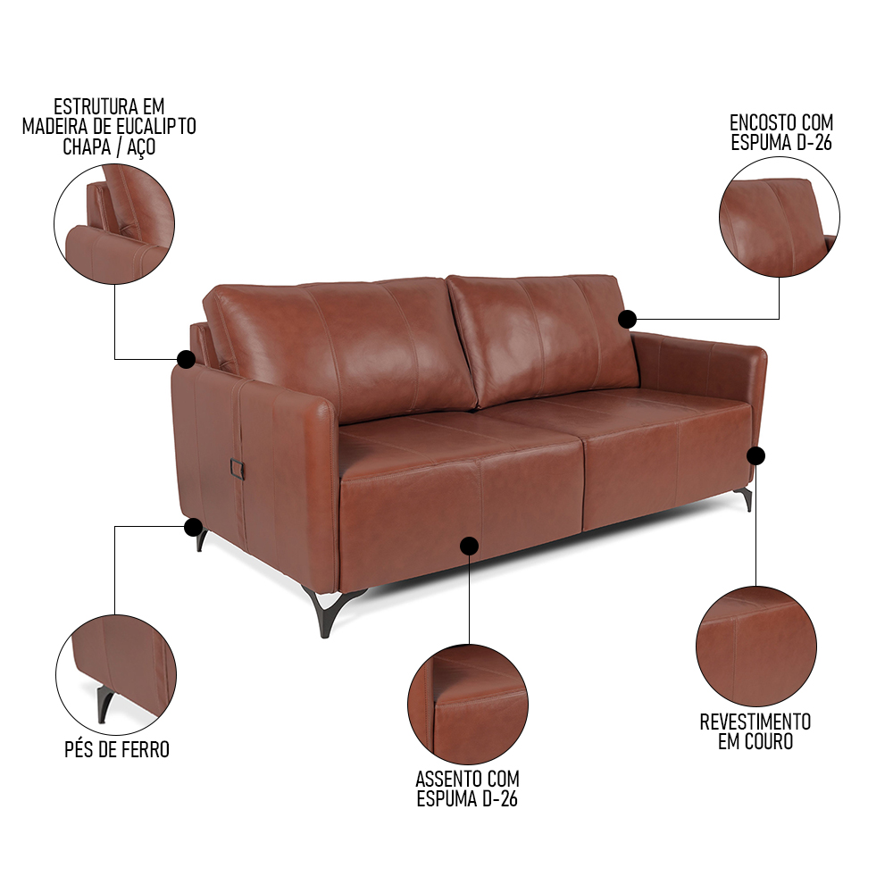 Sofá Living 2 Lugares Sala de Estar 180cm Cisso L07 Couro Marrom Claro - Mpozenato