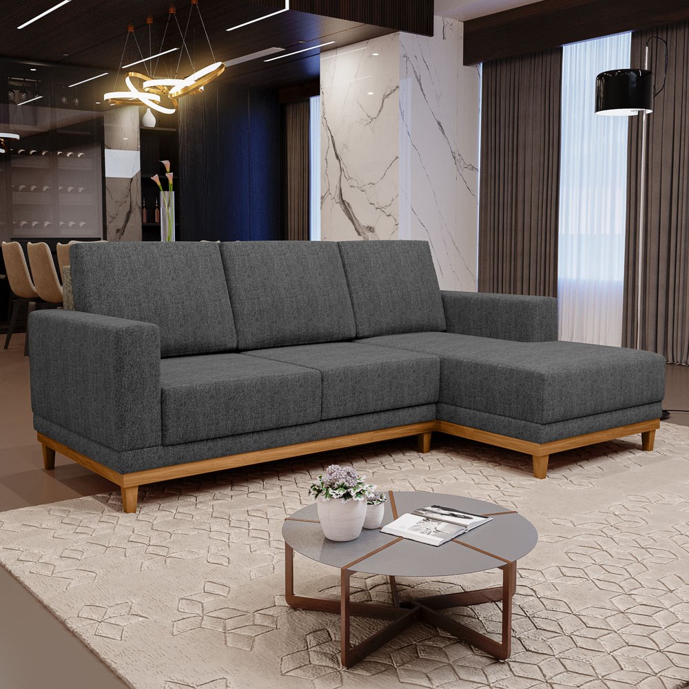 Sofá Living 200cm 3 Lugares Com Chaise Direito Kayrós D05 Linho Chumbo - Mpozenato