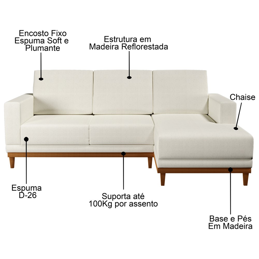 Sofá Living 200cm 3 Lugares Com Chaise Direito Kayrós D05 Linho Cru - Mpozenato