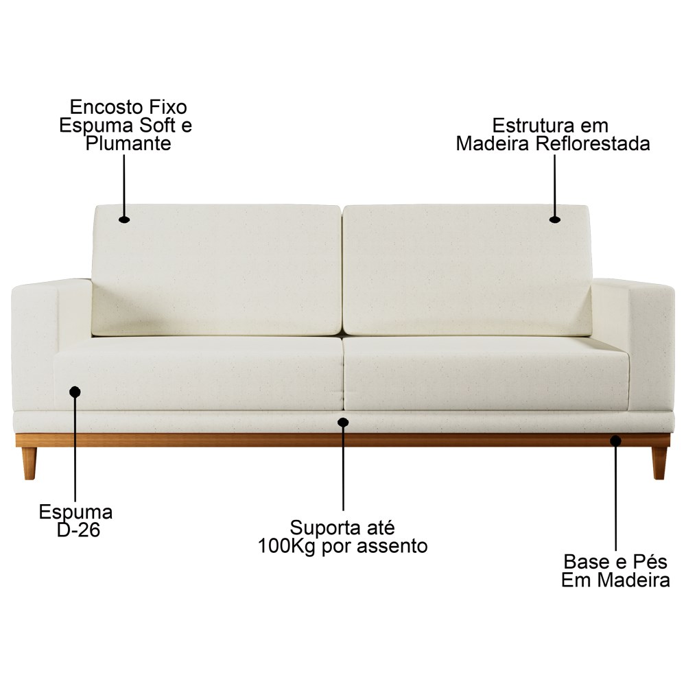 Sofá Living 200cm 3 Lugares Kayrós D05 Linho Cru - Mpozenato
