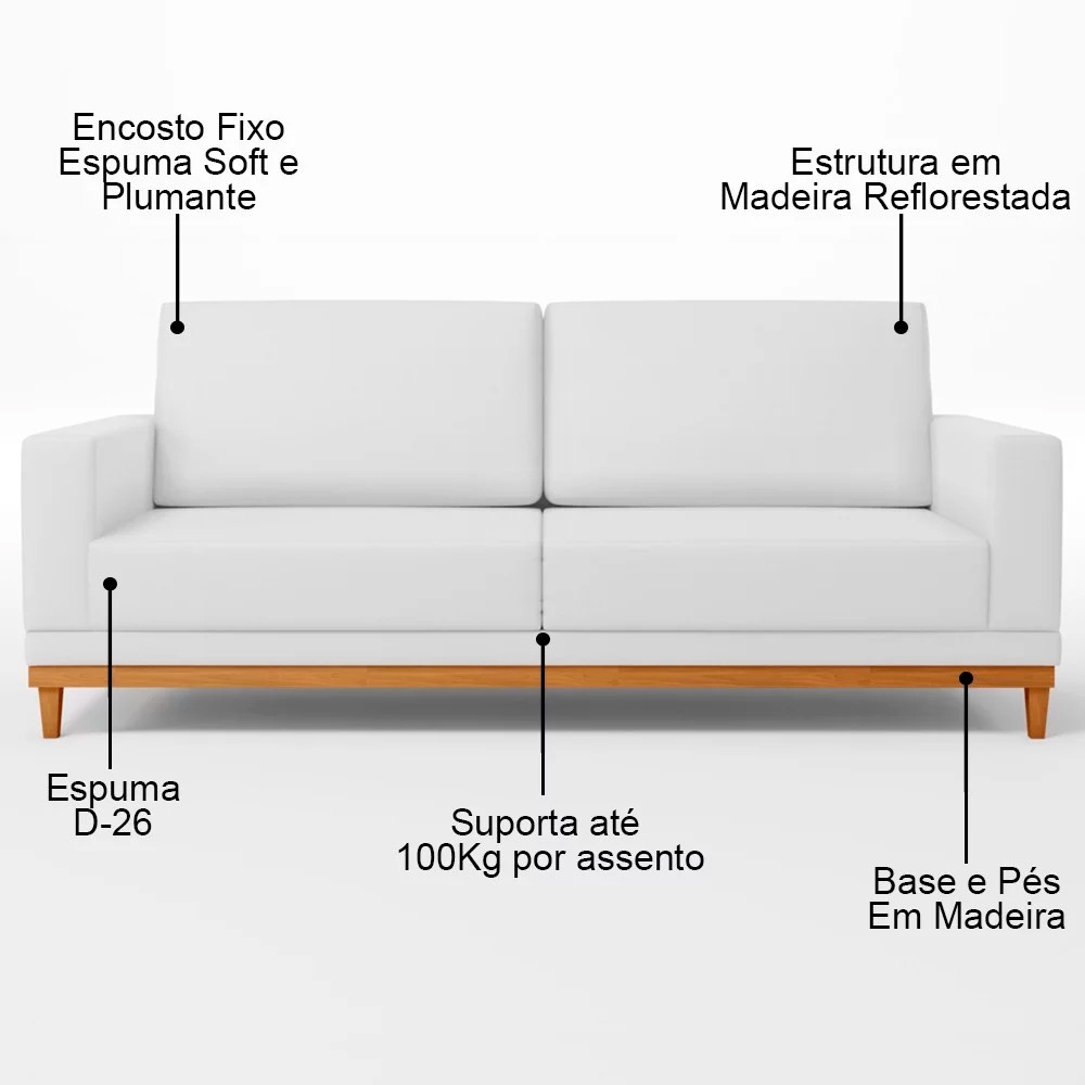 Sofá Living 200cm 3 Lugares Kayrós D05 Sintético Branco - Mpozenato