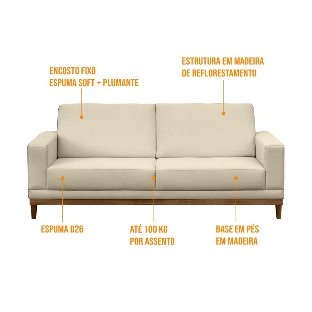 Sofá Living 200cm 3 Lugares Kayrós D05 Suede Bege - Mpozenato