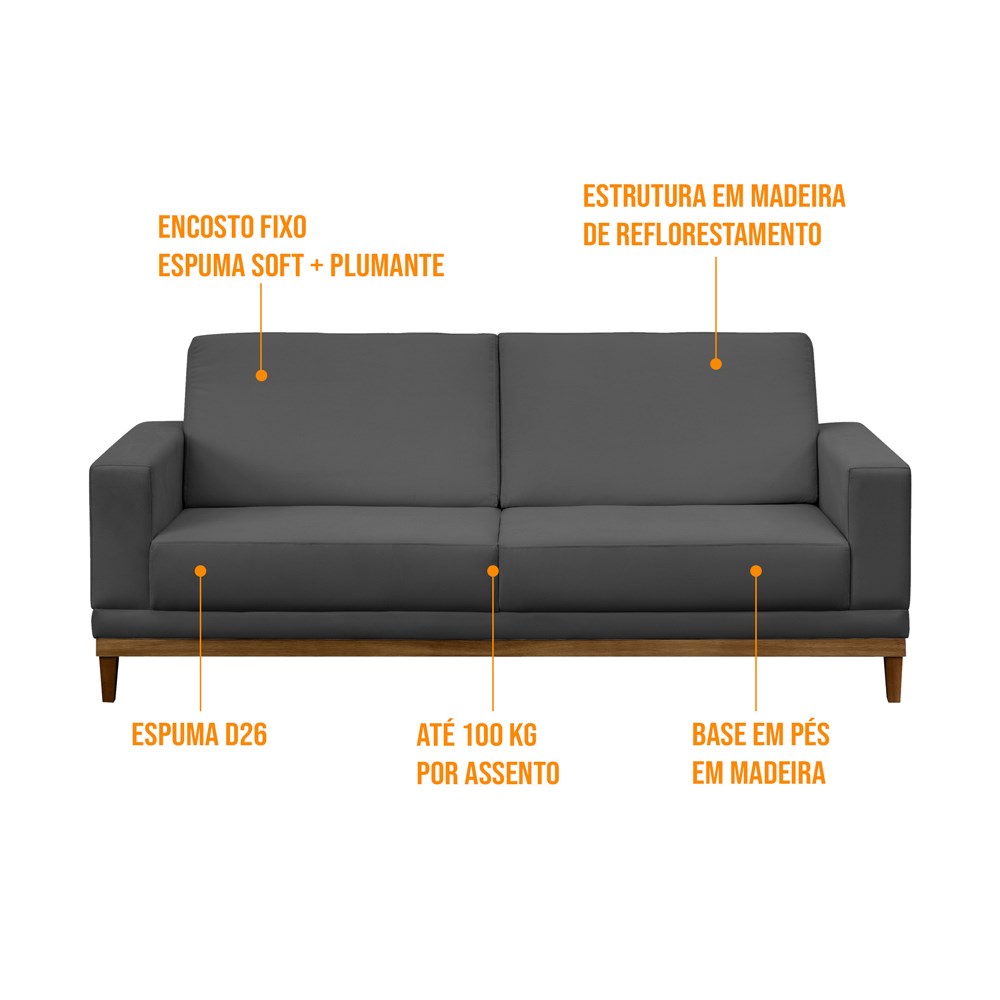 Sofá Living 200cm 3 Lugares Kayrós D05 Suede Cinza - Mpozenato