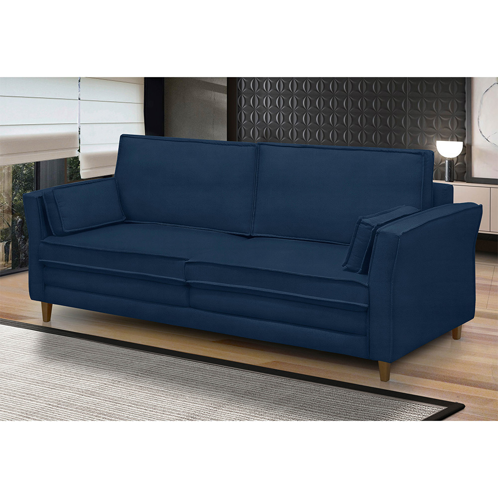 Sofá Living 3 Lugares 180cm Pés Madeira Efraim F05 Veludo Azul - Mpozenato