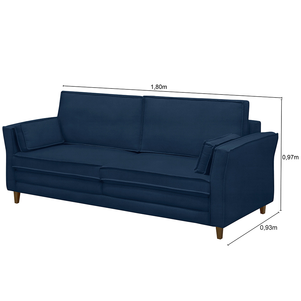 Sofá Living 3 Lugares 180cm Pés Madeira Efraim F05 Veludo Azul - Mpozenato