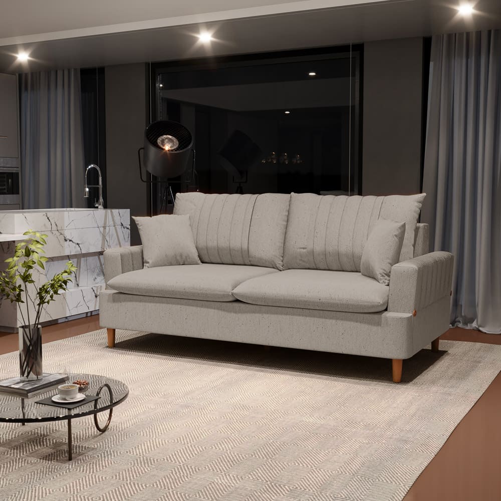 Sofá Living 3 Lugares 180cm com Almofadas Veras D05 Linho Bege - Mpozenato