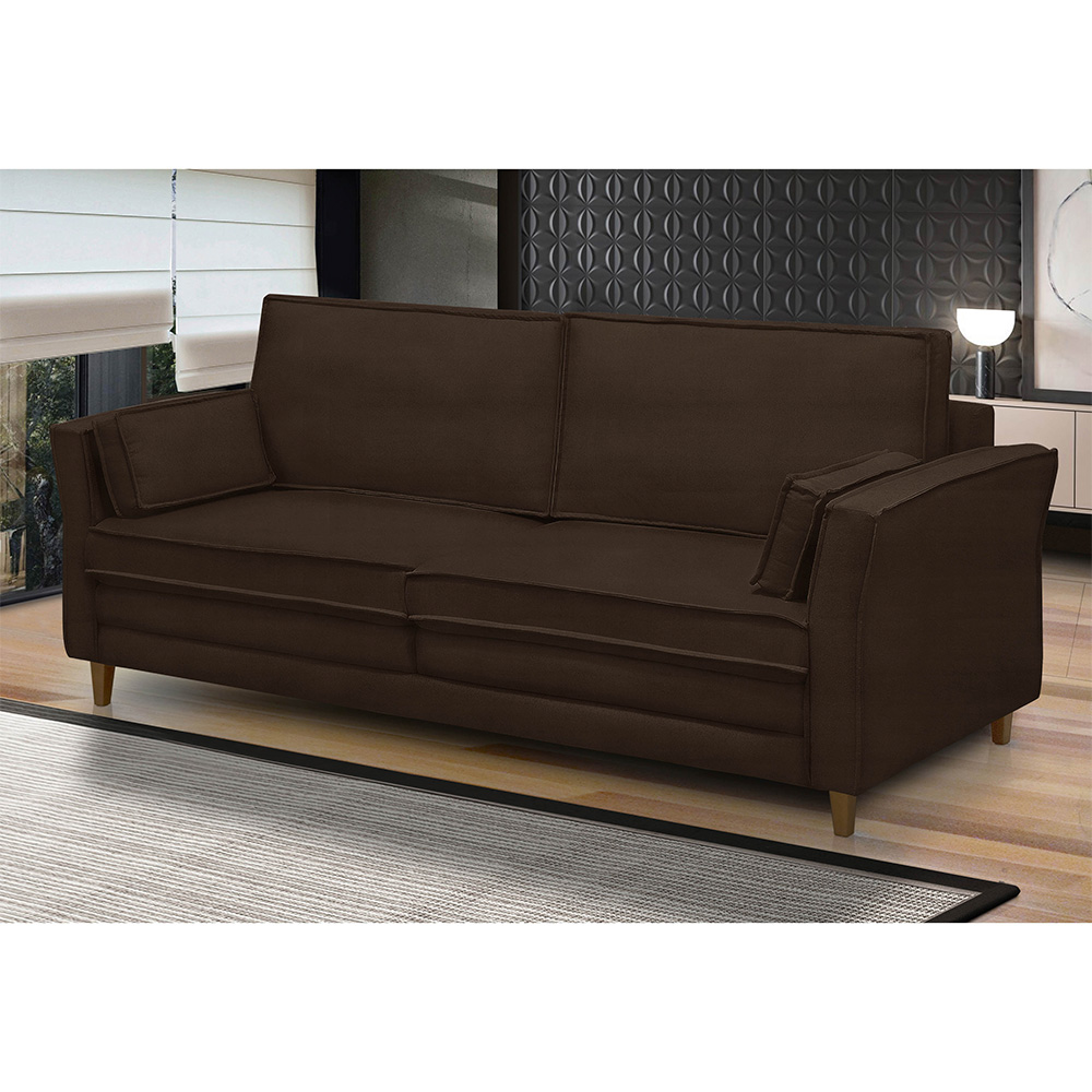 Sofá Living 3 Lugares 200cm Pés Madeira Efraim F05 Veludo Marrom - Mpozenato