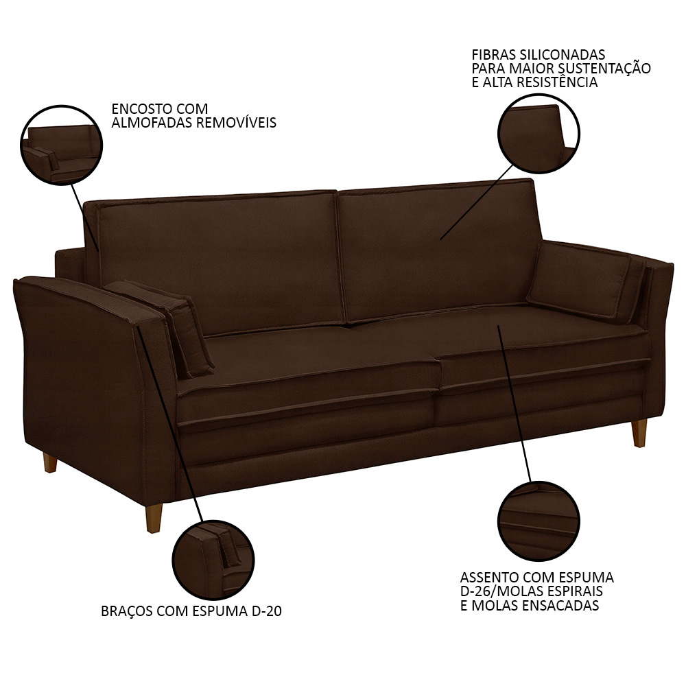 Sofá Living 3 Lugares 200cm Pés Madeira Efraim F05 Veludo Marrom - Mpozenato