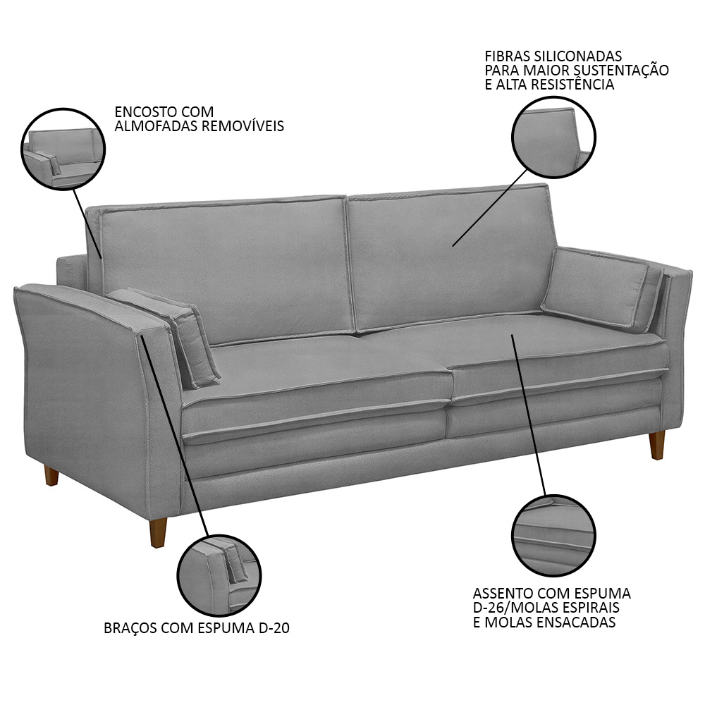 Sofá Living 3 Lugares 200cm Pés Madeira Efraim F05 Veludo Prata - Mpozenato