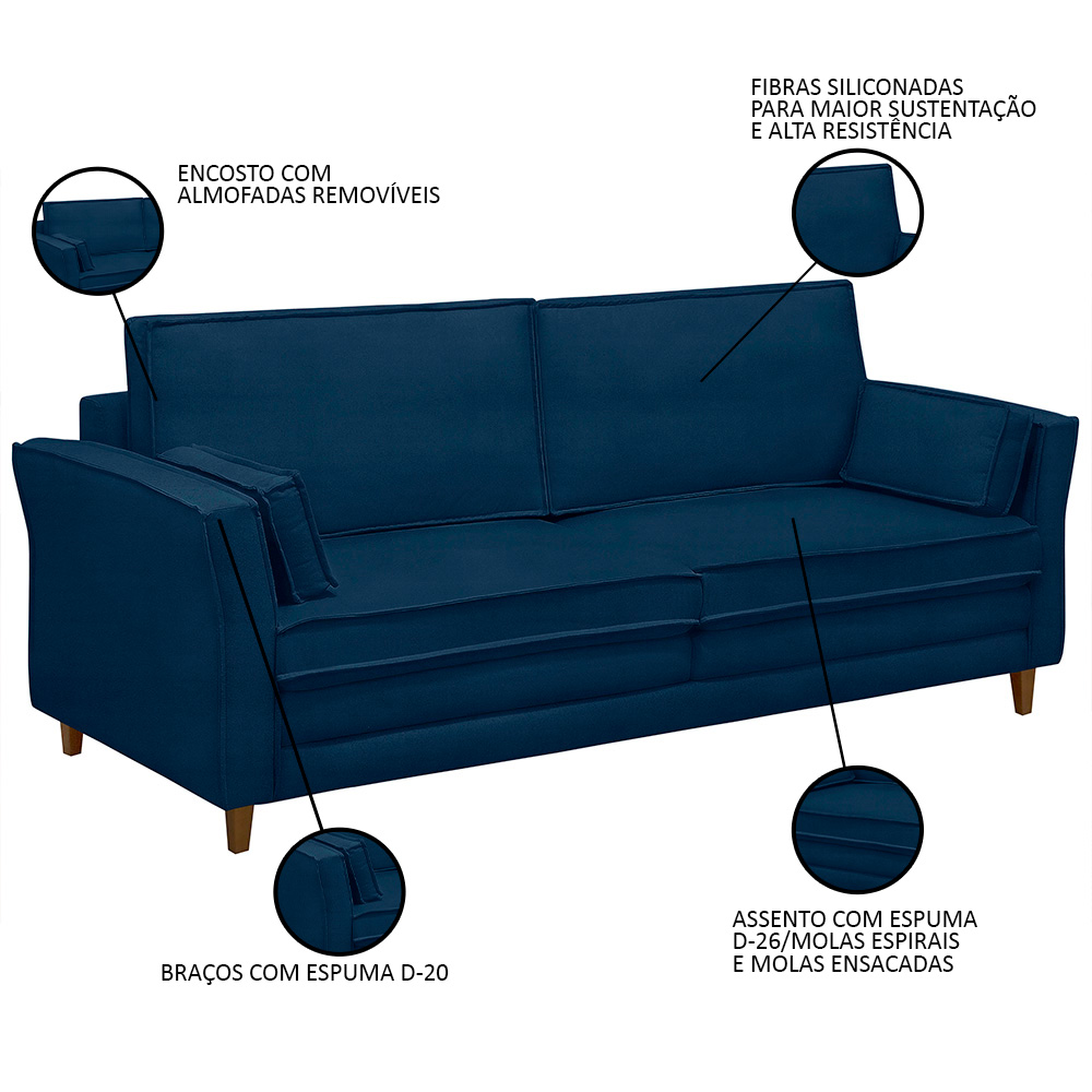 Sofá Living 3 Lugares 220cm Pés Madeira Efraim F05 Veludo Azul - Mpozenato