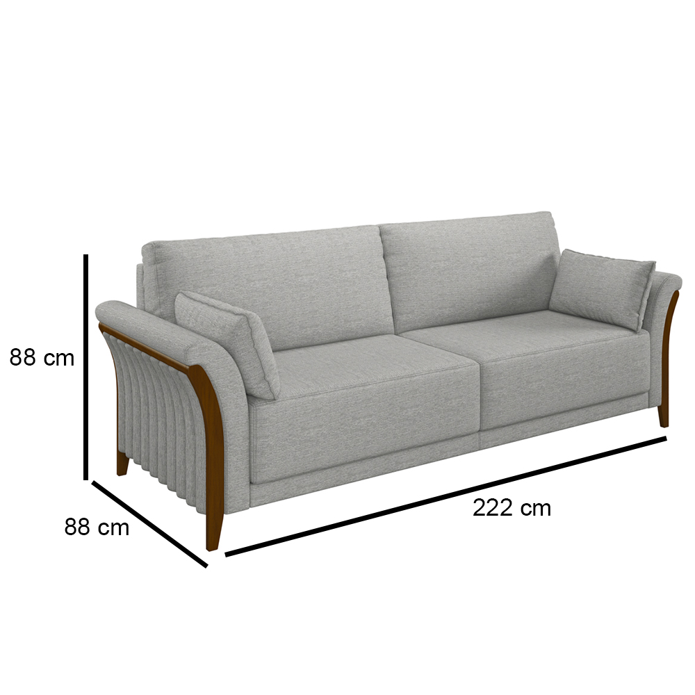 Sofá Living 3 Lugares 222cm Pés Madeira Roya M22 Linho Cinza - Mpozenato