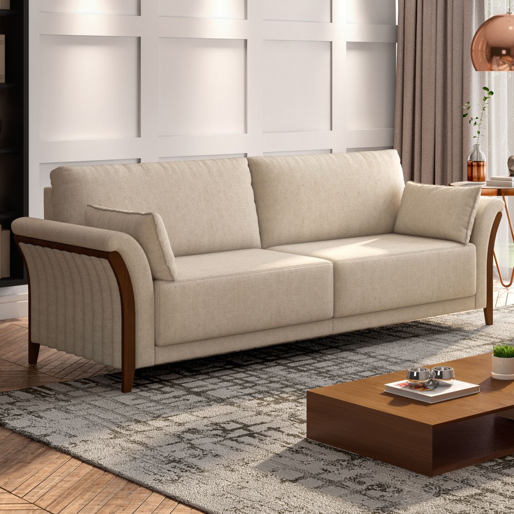 Sofá Living 3 Lugares 222cm Pés Madeira Roya M22 Linho Cru - Mpozenato