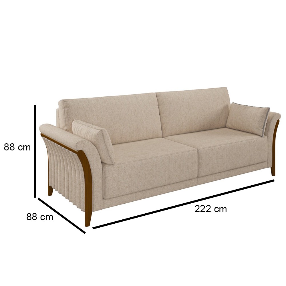 Sofá Living 3 Lugares 222cm Pés Madeira Roya M22 Linho Cru - Mpozenato