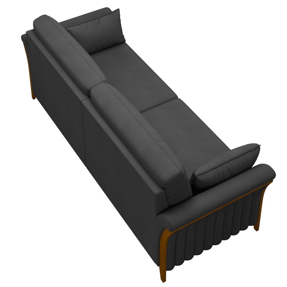 Sofá Living 3 Lugares 222cm Pés Madeira Roya M22 PU Preto - Mpozenato