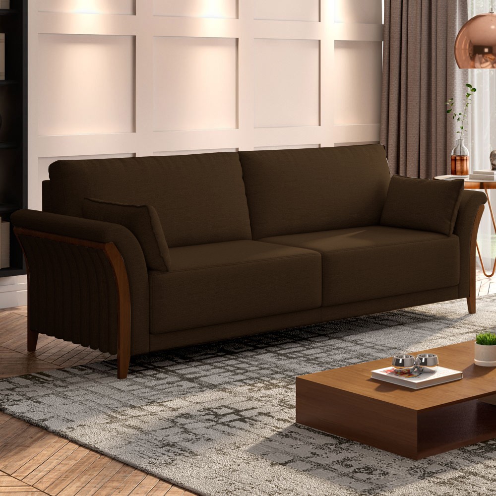 Sofá Living 3 Lugares 222cm Pés Madeira Roya M22 Veludo Marrom - Mpozenato
