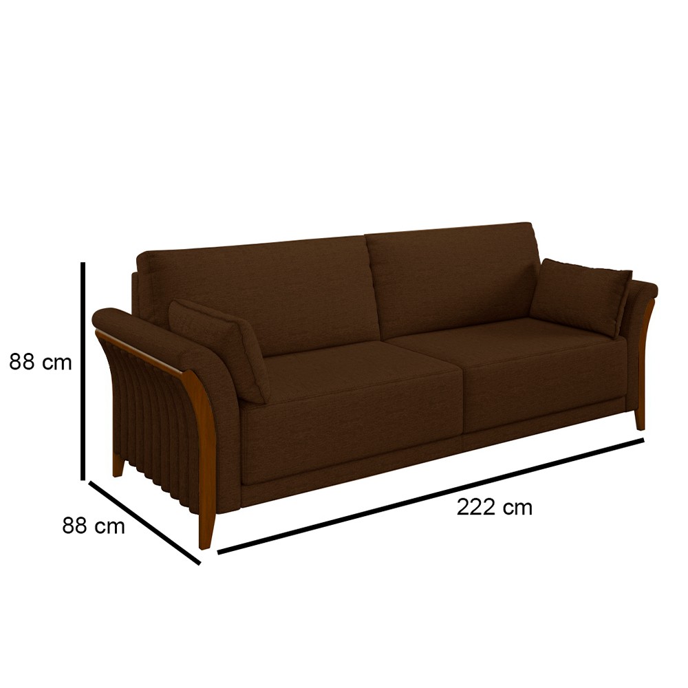 Sofá Living 3 Lugares 222cm Pés Madeira Roya M22 Veludo Marrom - Mpozenato
