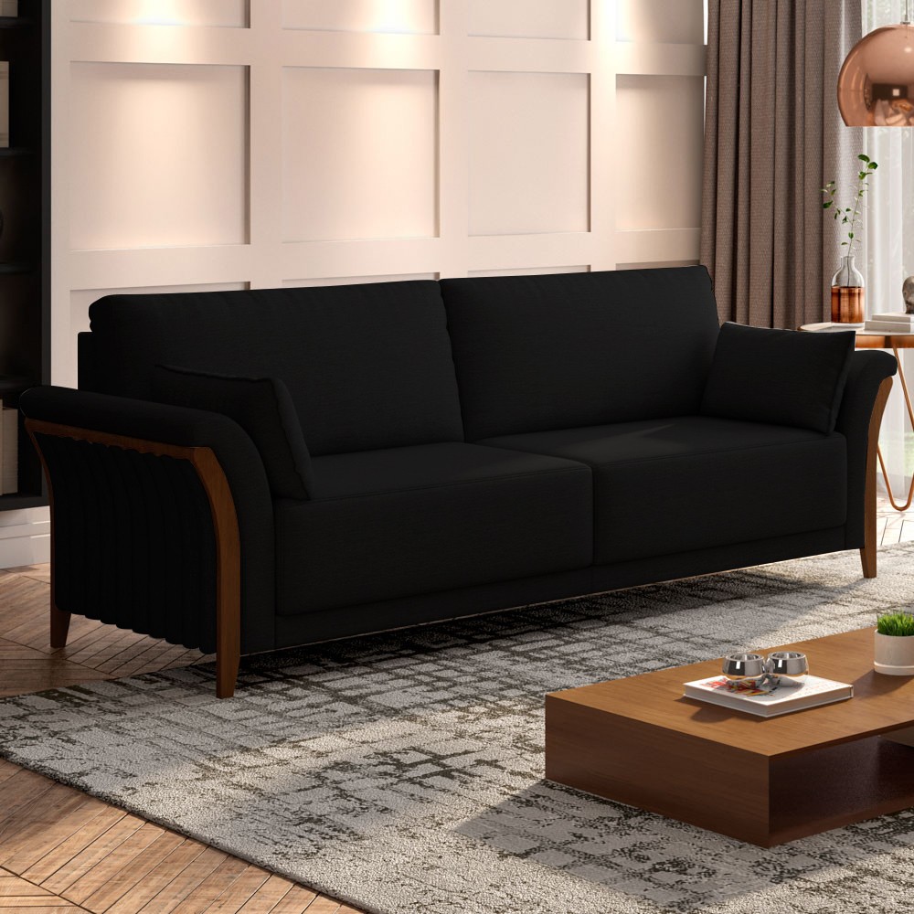 Sofá Living 3 Lugares 222cm Pés Madeira Roya M22 Veludo Preto - Mpozenato