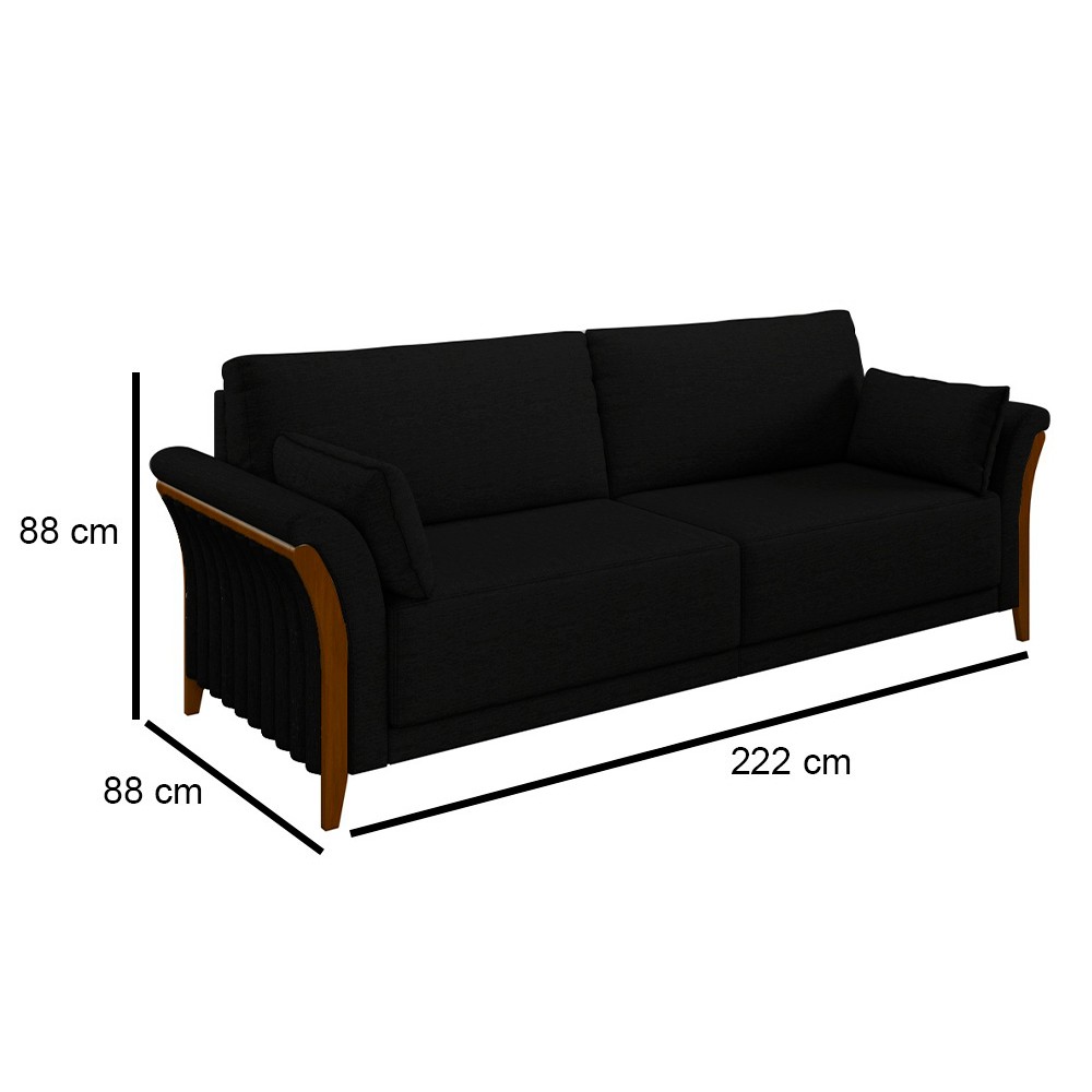 Sofá Living 3 Lugares 222cm Pés Madeira Roya M22 Veludo Preto - Mpozenato