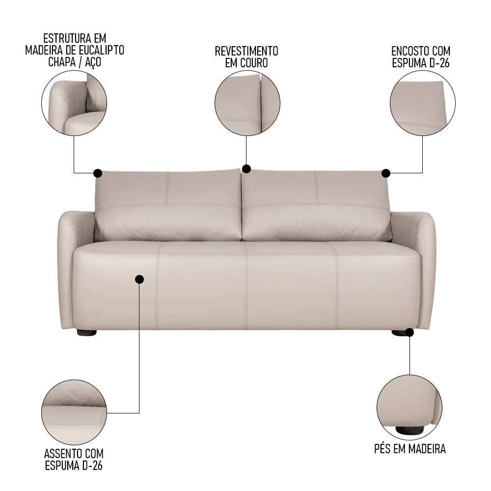 Sofá Living 3 Lugares Sala de Estar 220cm Virtus L07 Couro Bege - Mpozenato