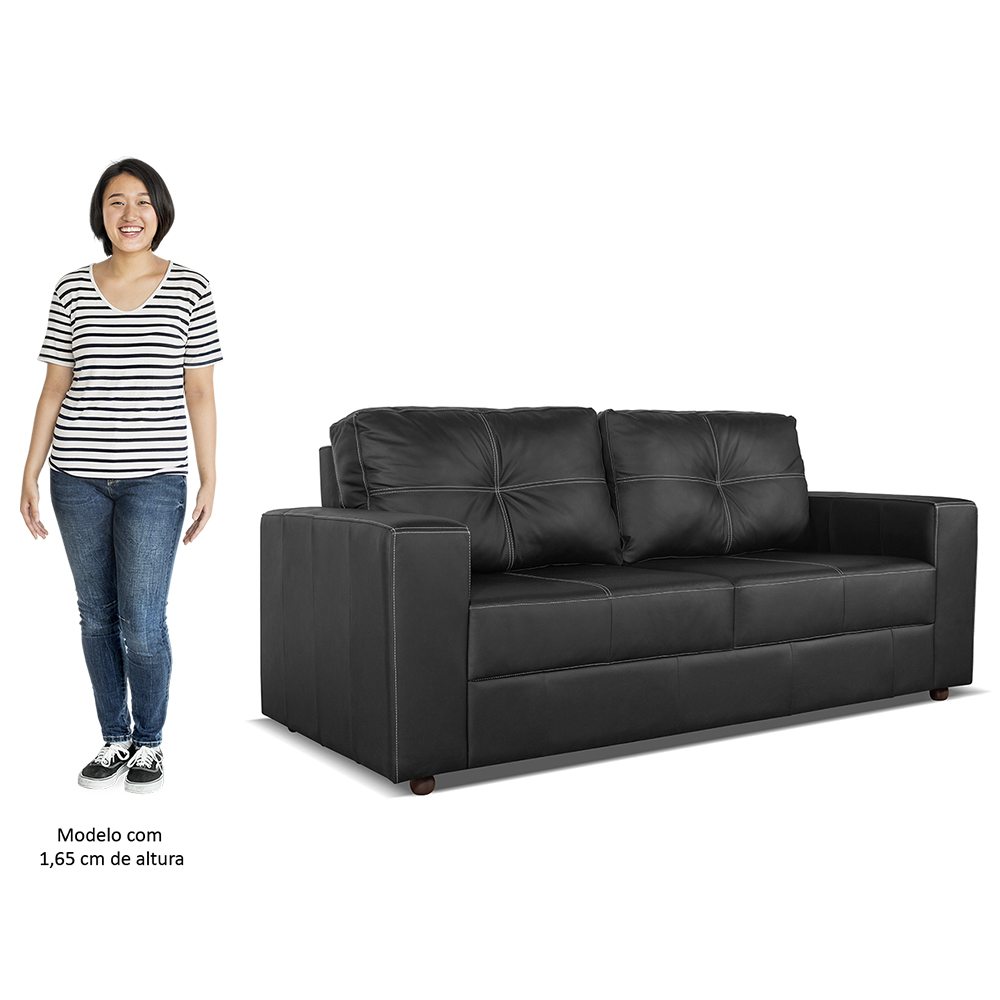 Sofá Living 3 Lugares para Sala de Estar 200cm Licci L07 Couro Preto - Mpozenato