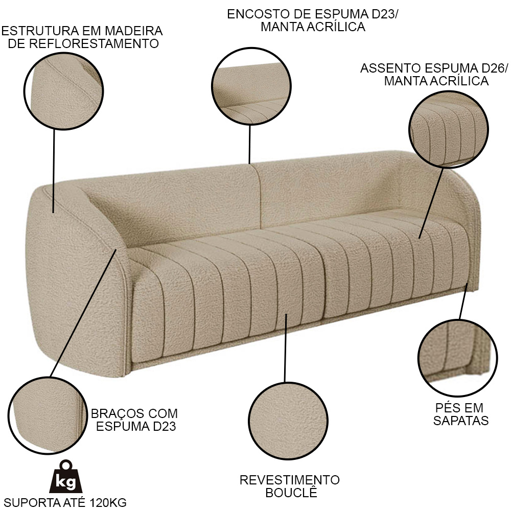 Sofá Living Decorativo 3 Lugares 252cm Meris M22 Bouclê Bege - Mpozenato