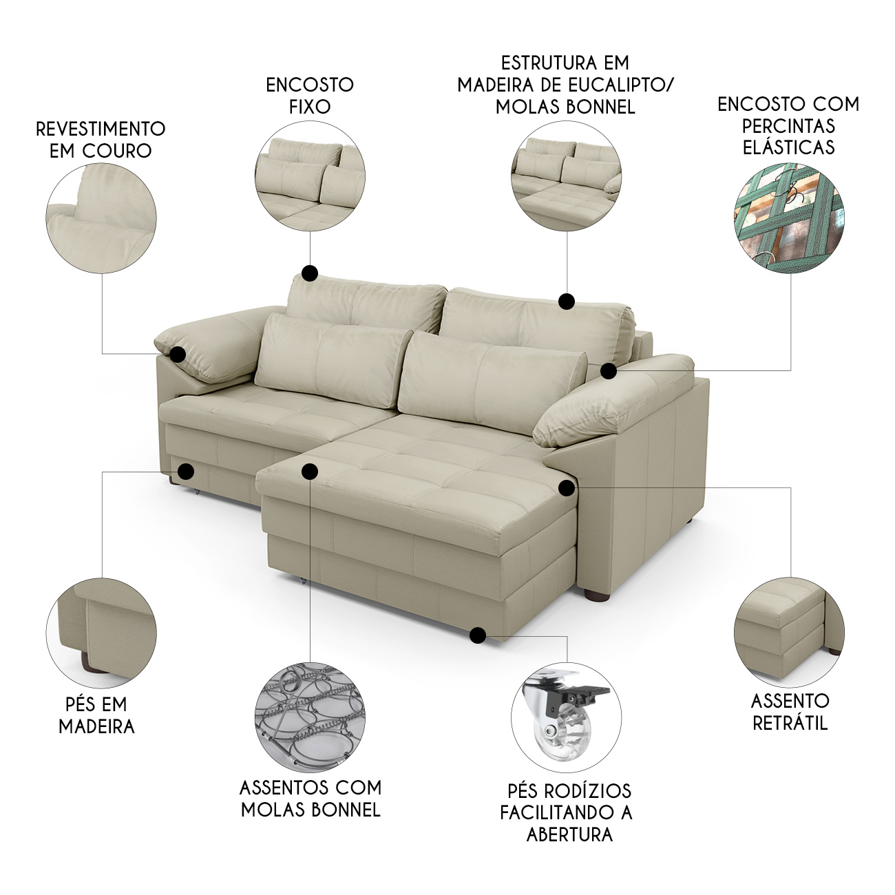 Sofá Retrátil 2 Lugares Para Sala 175cm Dijon Couro Creme S07 - Mpozenato