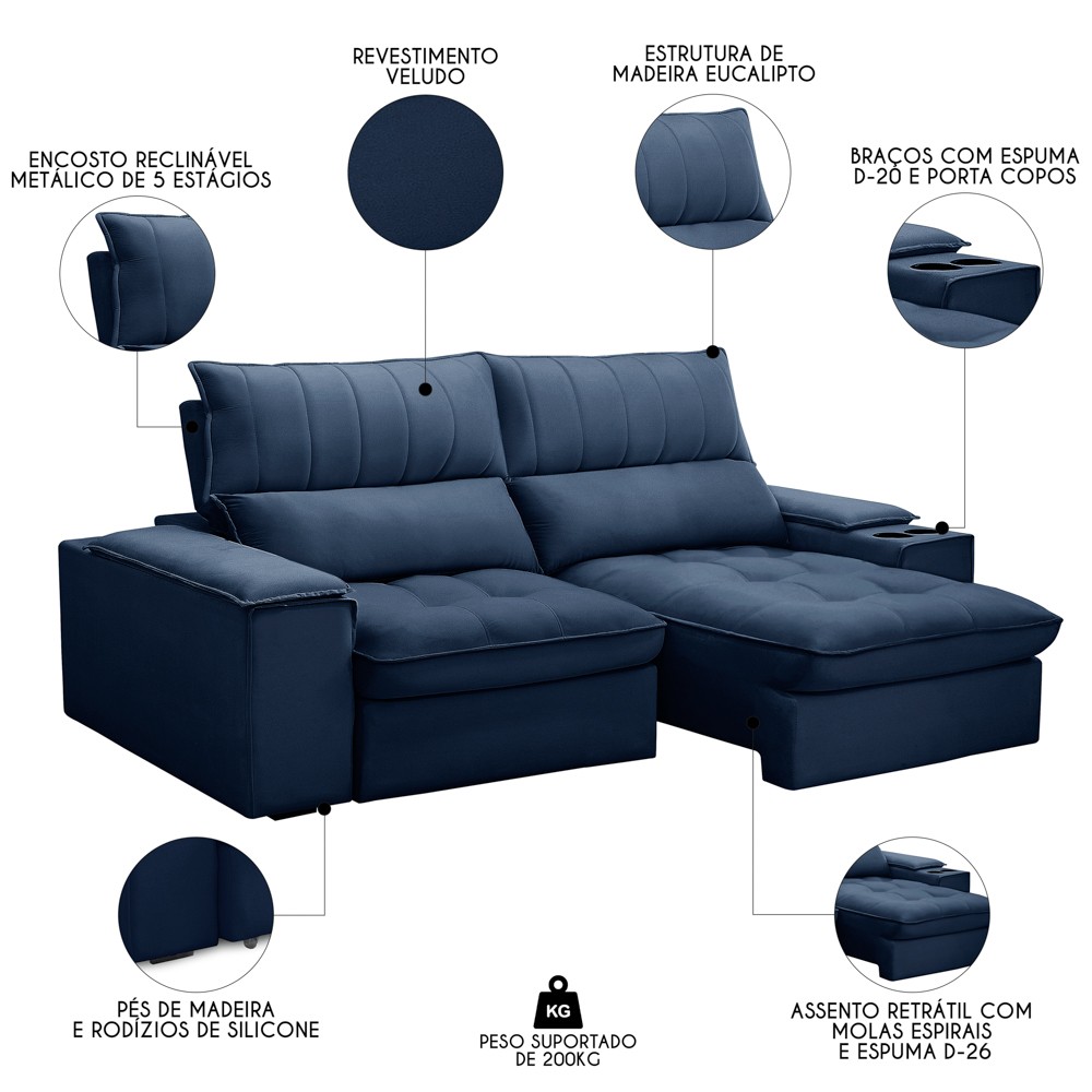 Sofá Retrátil 3 Lugares com Porta Copo 210cm Andes F05 Veludo Azul - Mpozenato