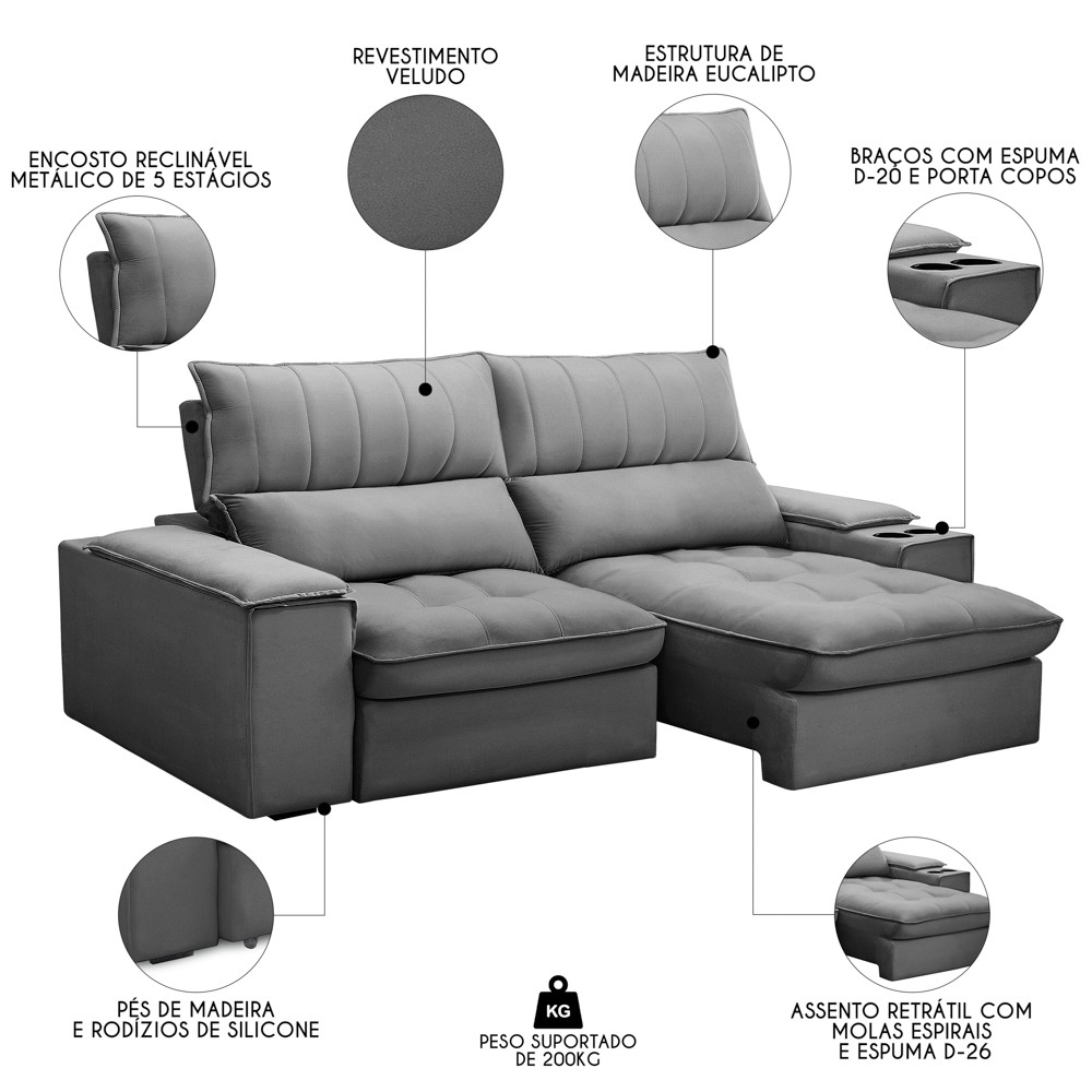 Sofá Retrátil 3 Lugares com Porta Copo 210cm Andes F05 Veludo Cinza - Mpozenato