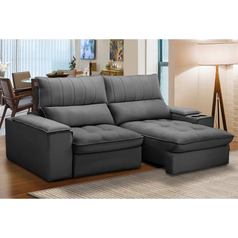 Sofá Retrátil 3 Lugares com Porta Copo 210cm Andes F05 Veludo Grafite - Mpozenato