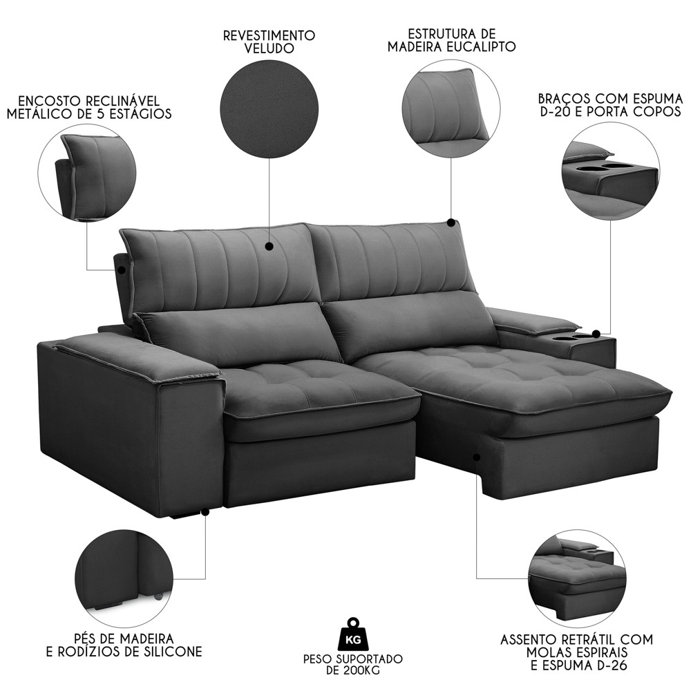 Sofá Retrátil 3 Lugares com Porta Copo 210cm Andes F05 Veludo Grafite - Mpozenato