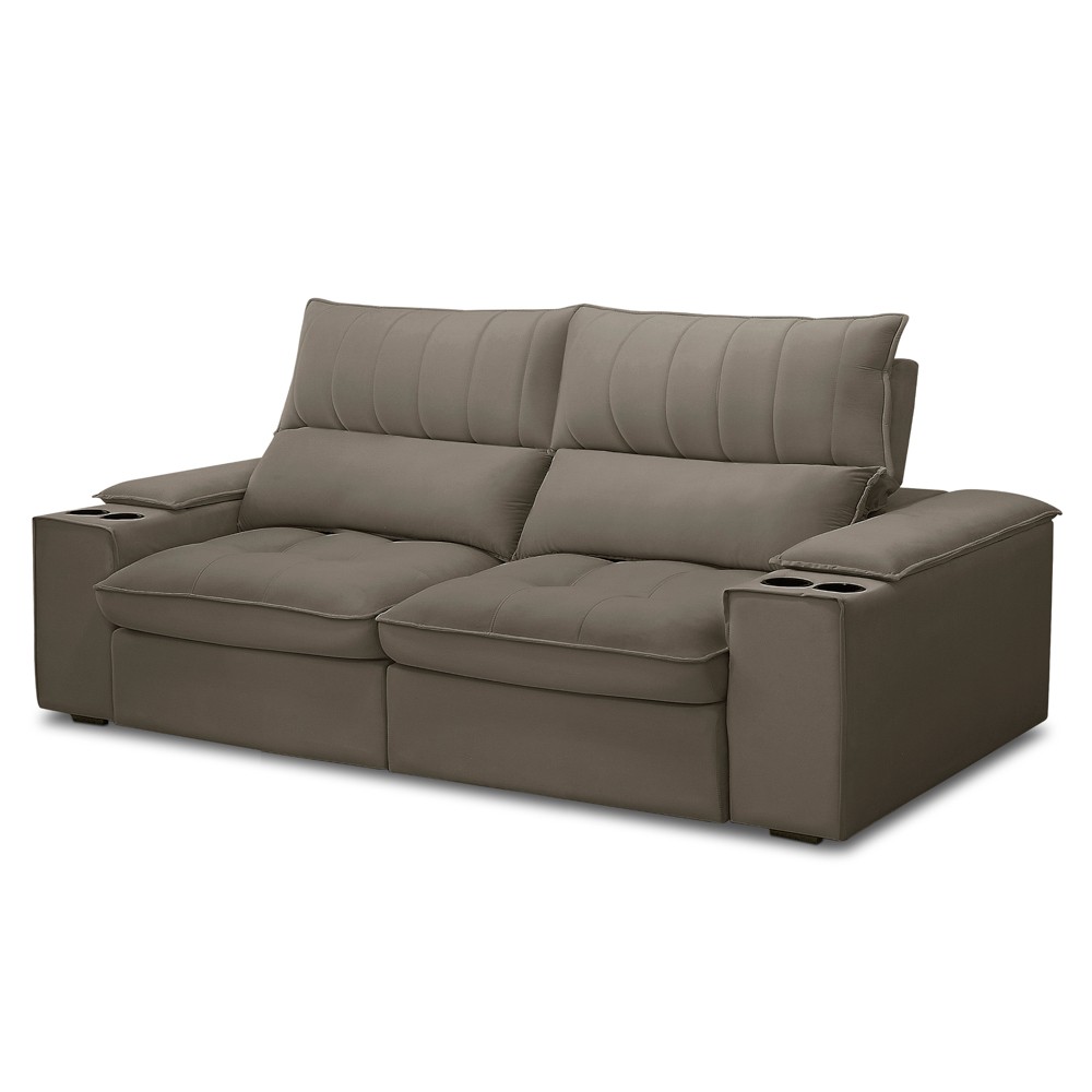 Sofá Retrátil 3 Lugares com Porta Copo 210cm Andes F05 Veludo Marrom - Mpozenato