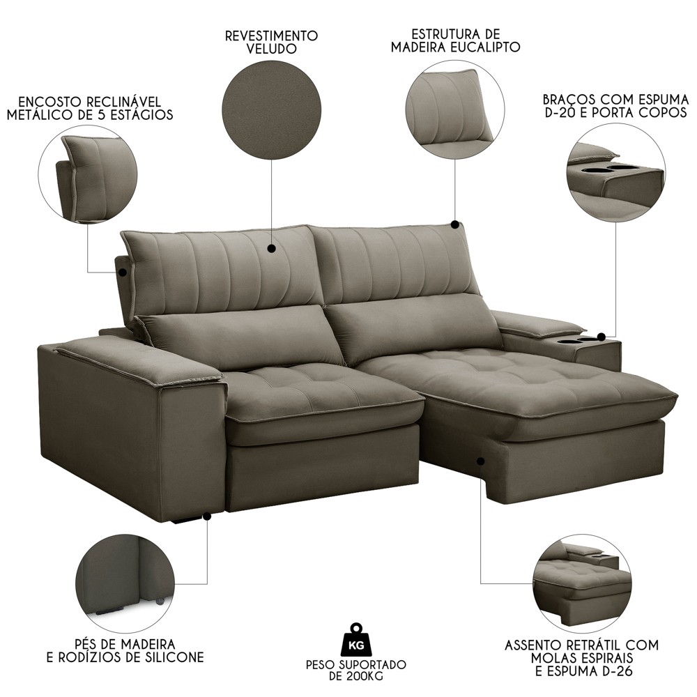 Sofá Retrátil 3 Lugares com Porta Copo 210cm Andes F05 Veludo Marrom - Mpozenato