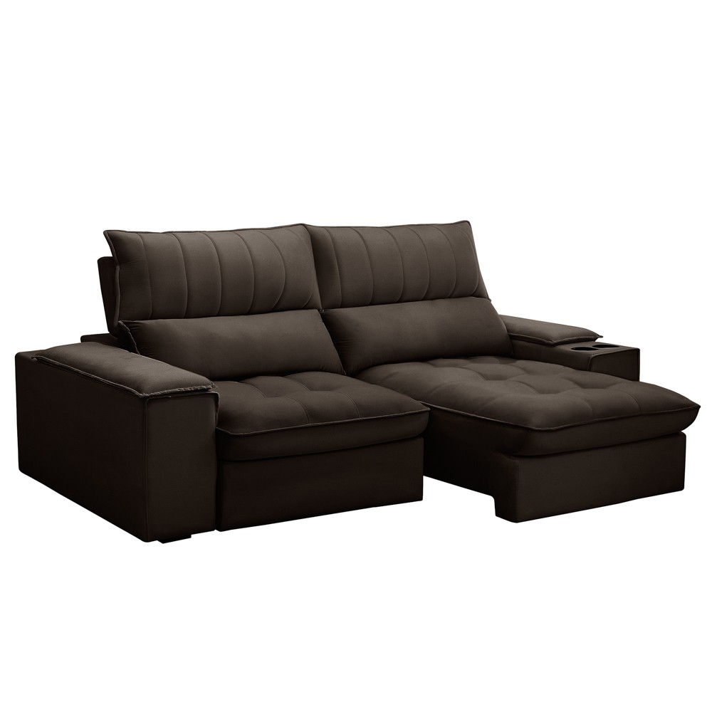 Sofá Retrátil 3 Lugares com Porta Copo 210cm Andes F05 Veludo Marrom Escuro - Mpozenato
