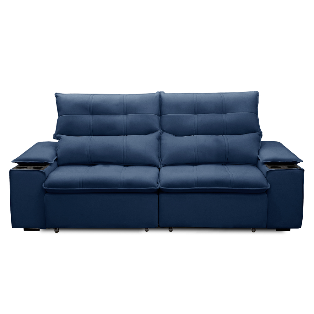 Sofá Retrátil 3 Lugares com Porta Copo 210cm Malta F05 Veludo Azul - Mpozenato