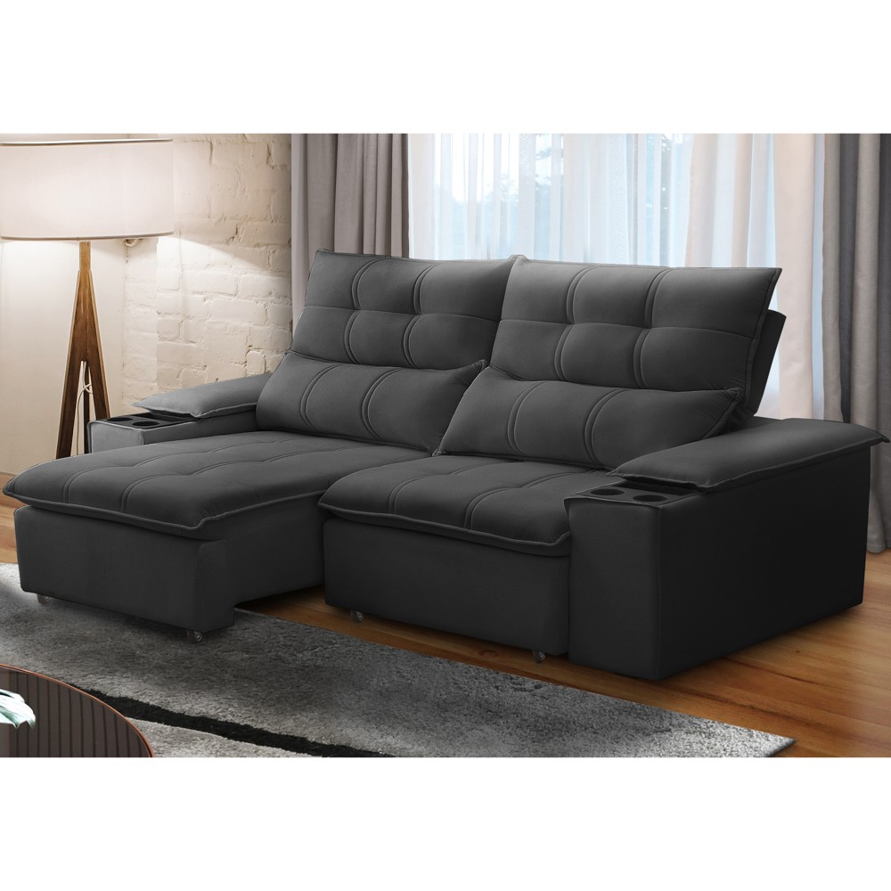 Sofá Retrátil 3 Lugares com Porta Copo 210cm Malta F05 Veludo Grafite - Mpozenato