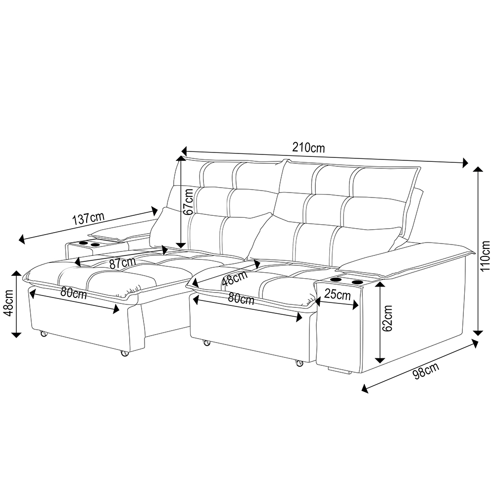 Sofá Retrátil 3 Lugares com Porta Copo 210cm Malta F05 Veludo Marrom - Mpozenato