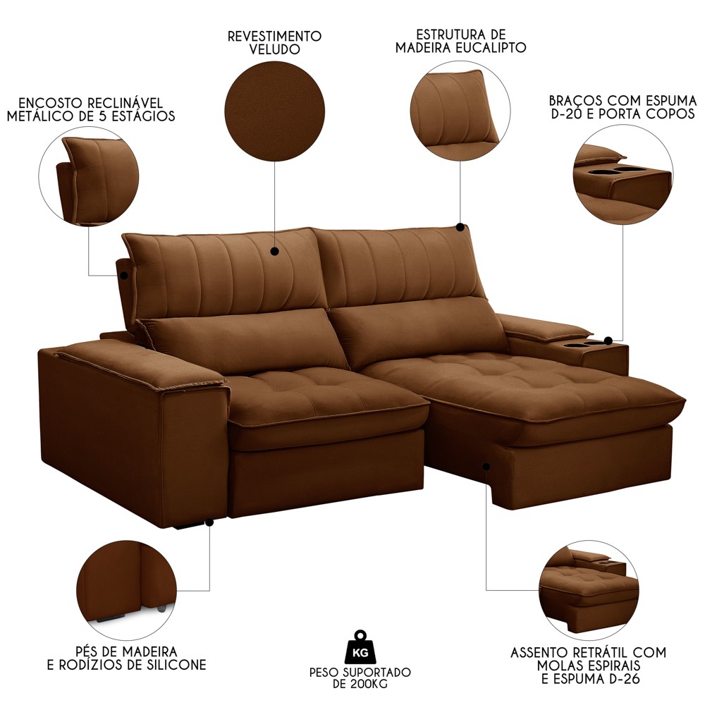 Sofá Retrátil 3 Lugares com Porta Copo 230cm Andes F05 Veludo Terracota - Mpozenato