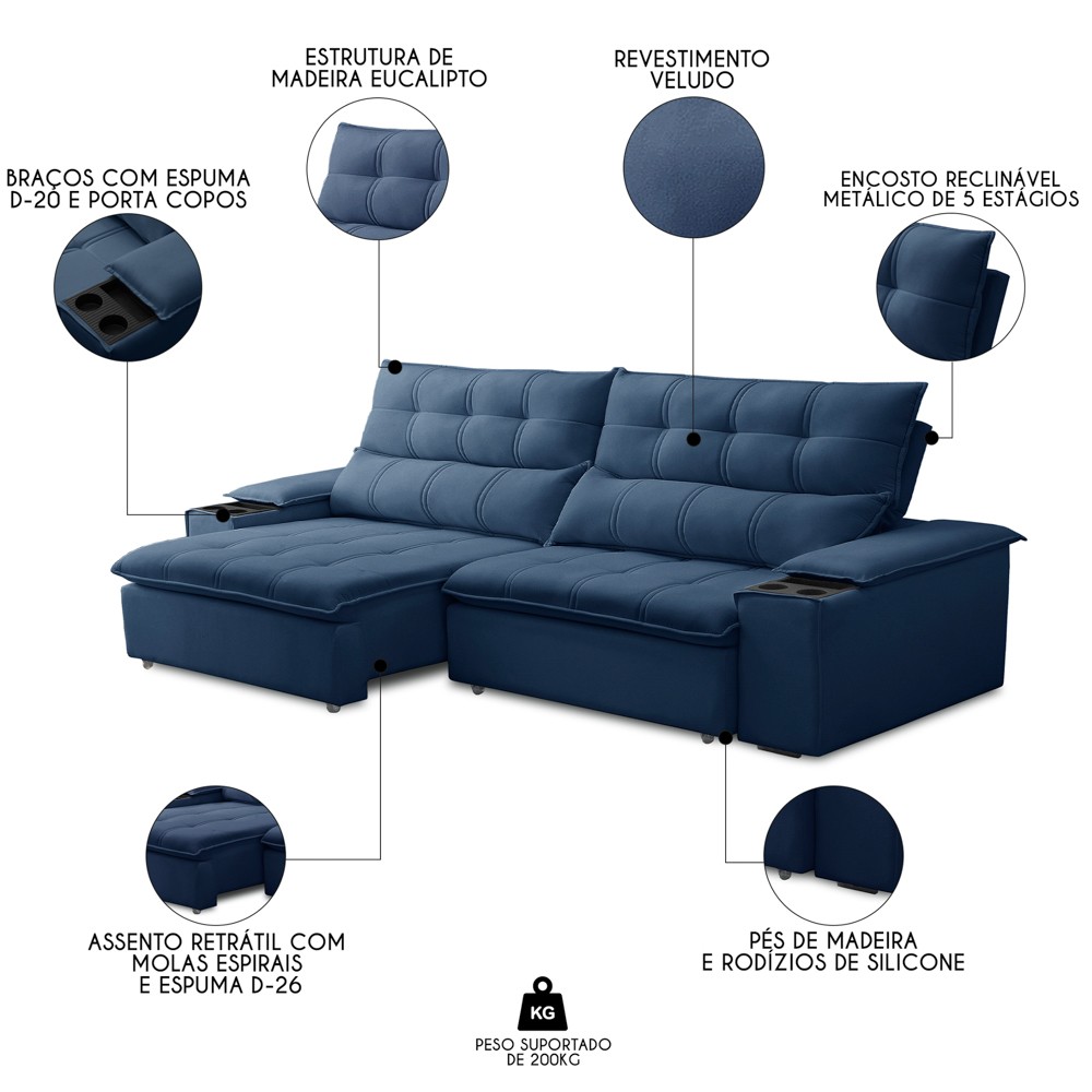Sofá Retrátil 3 Lugares com Porta Copo 230cm Malta F05 Veludo Azul - Mpozenato