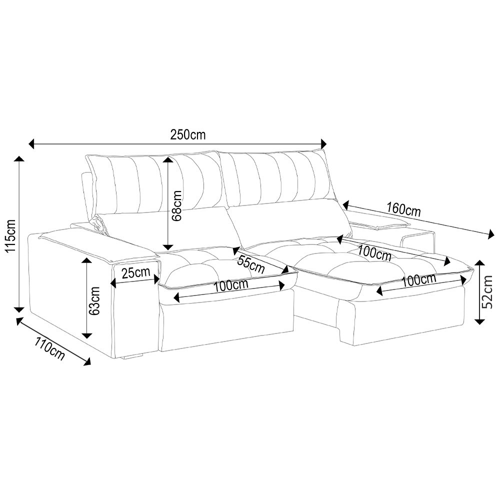 Sofá Retrátil 3 Lugares com Porta Copo 250cm Andes F05 Veludo Cinza - Mpozenato