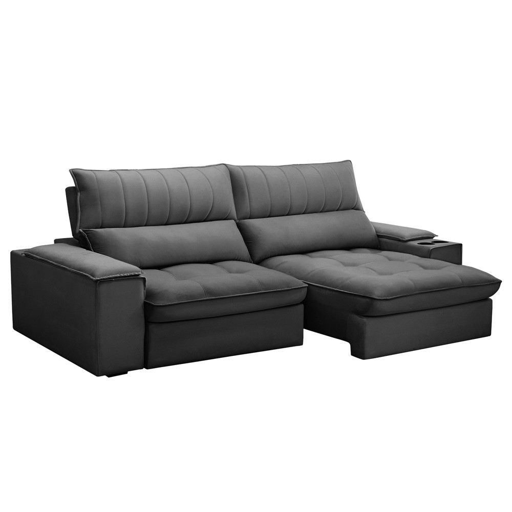 Sofá Retrátil 3 Lugares com Porta Copo 250cm Andes F05 Veludo Grafite - Mpozenato