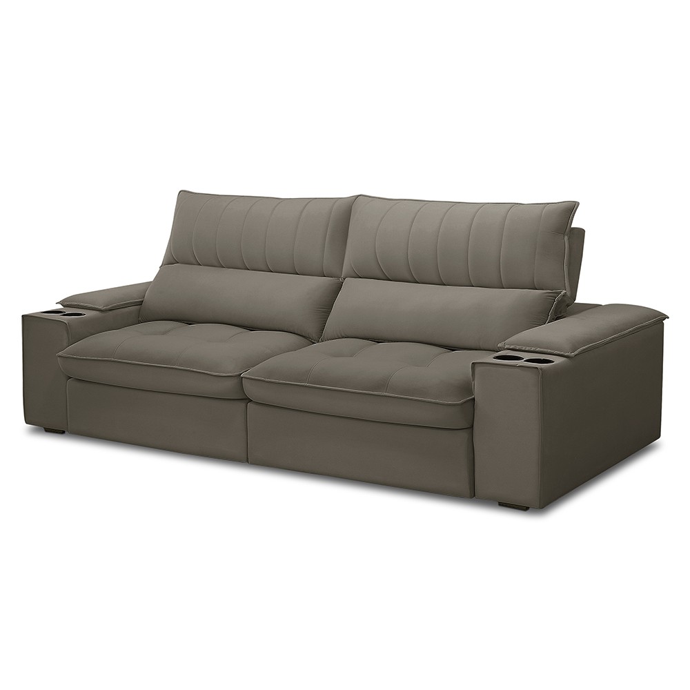 Sofá Retrátil 3 Lugares com Porta Copo 250cm Andes F05 Veludo Marrom - Mpozenato