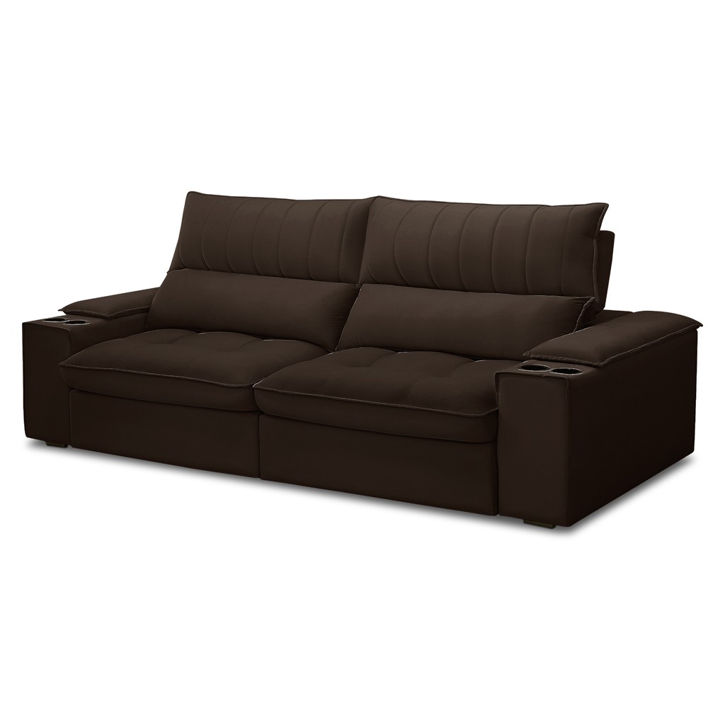 Sofá Retrátil 3 Lugares com Porta Copo 250cm Andes F05 Veludo Marrom Escuro - Mpozenato