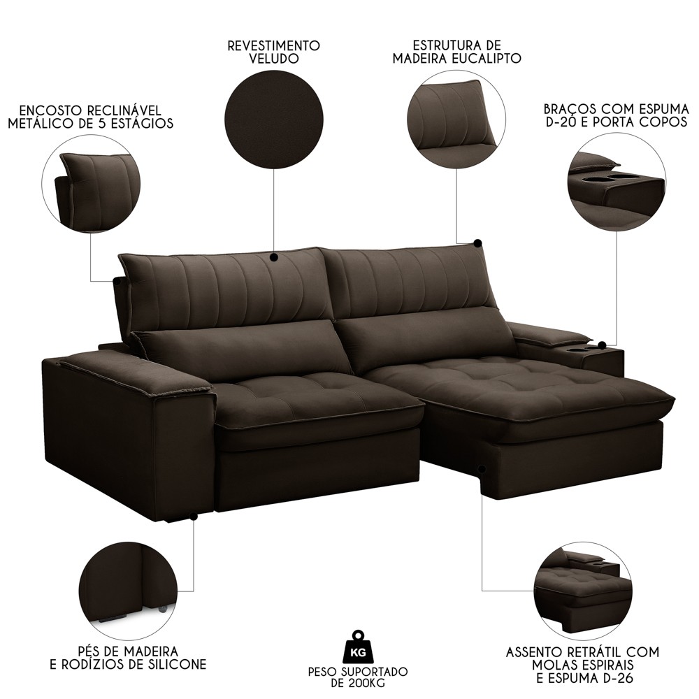 Sofá Retrátil 3 Lugares com Porta Copo 250cm Andes F05 Veludo Marrom Escuro - Mpozenato